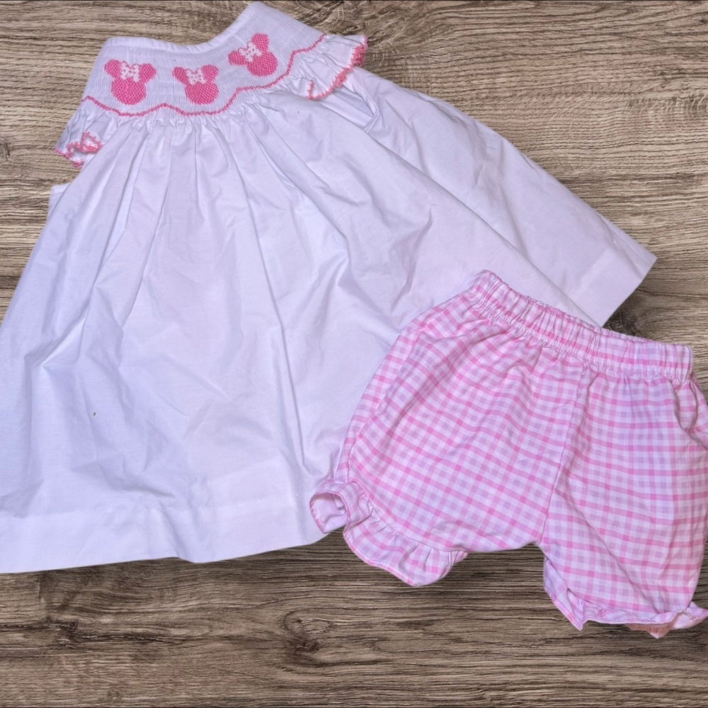 Smocked Minnie Mouse White and Pink Baby Dress with Bloomers